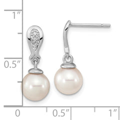 14K White Gold 7-8mm Round White Saltwater Akoya Pearl .03ct Diamond Dangle Earrings