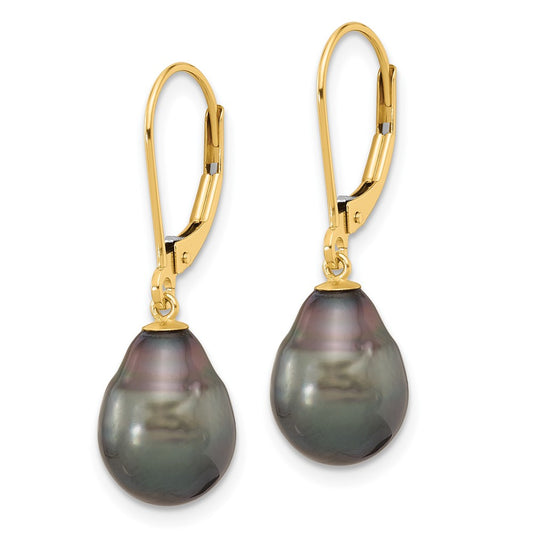 14K Yellow Gold 8-9mm Teardrop Blk SaltwaterTahitian Pearl Leverback Earrings