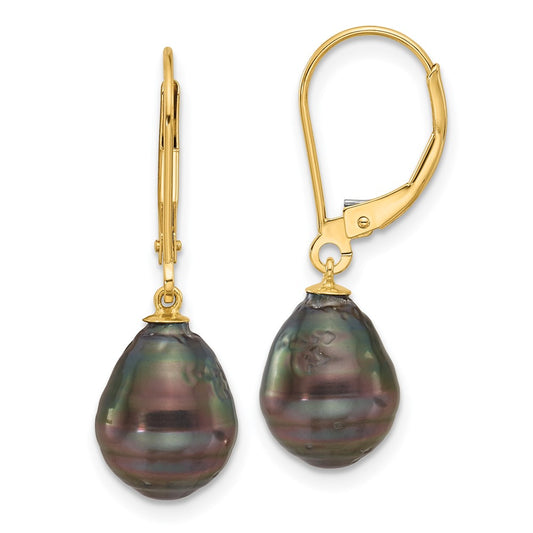 14K Yellow Gold 8-9mm Teardrop Blk SaltwaterTahitian Pearl Leverback Earrings