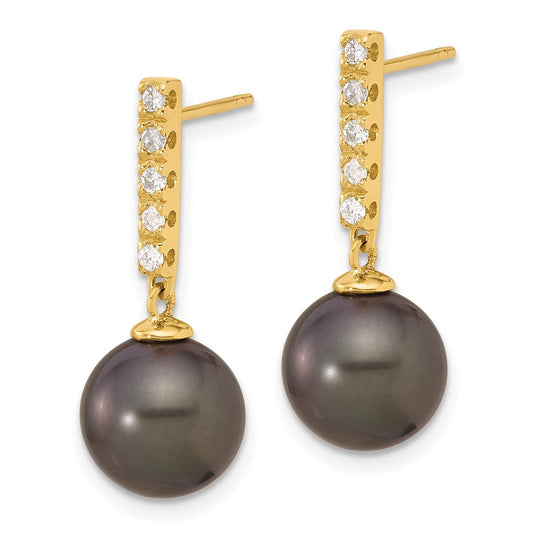 14K Yellow Gold 9-10mm Round Black Tahitian Pearl and .20ct Diamond Post Dangle Earrings