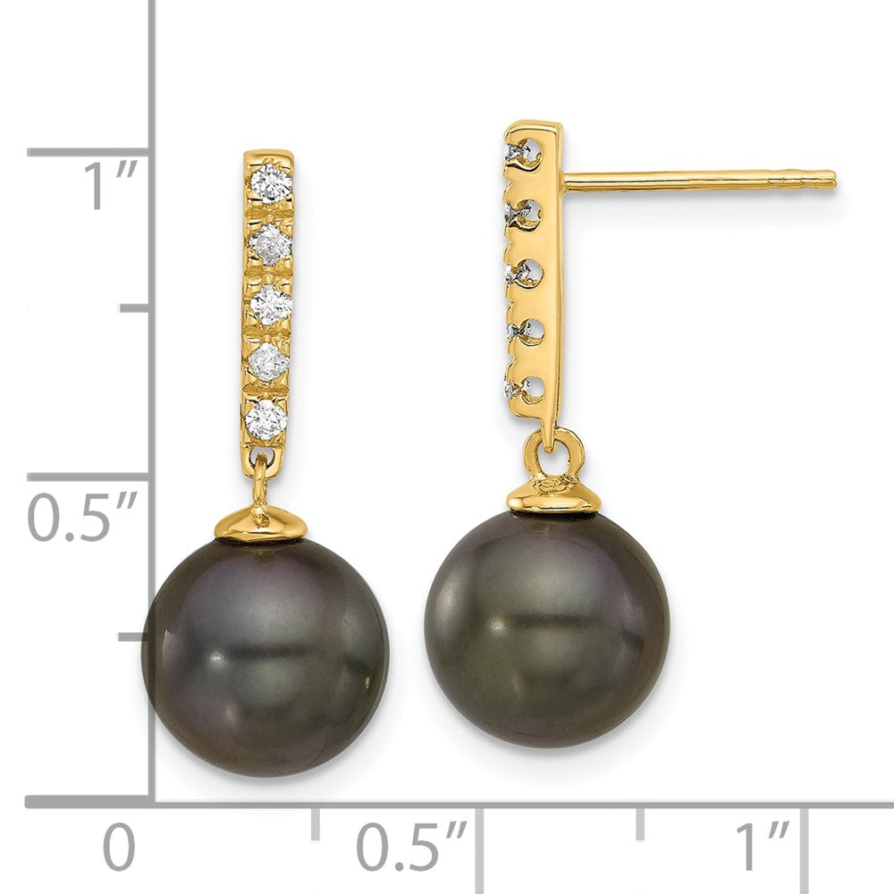 14K Yellow Gold 9-10mm Round Black Tahitian Pearl and .20ct Diamond Post Dangle Earrings