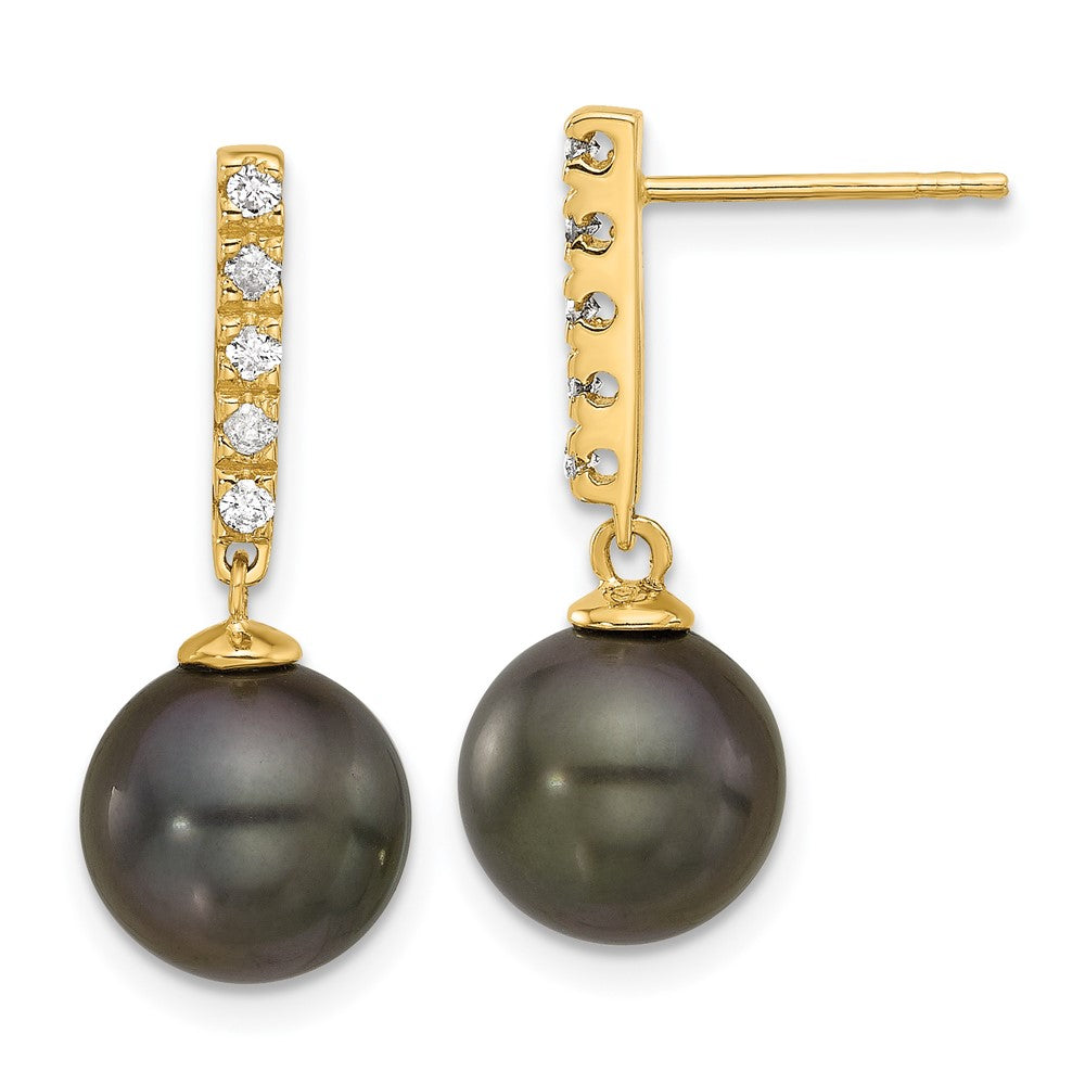 14K Yellow Gold 9-10mm Round Black Tahitian Pearl and .20ct Diamond Post Dangle Earrings