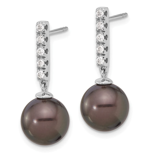 14K White Gold 9-10mm Round Black Tahitian Pearl .20ct Diamond Earrings