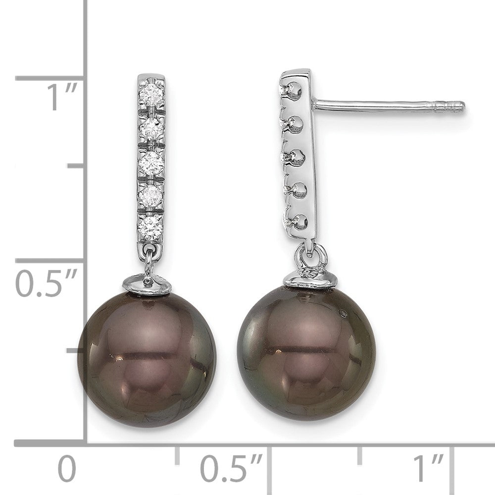 14K White Gold 9-10mm Round Black Tahitian Pearl .20ct Diamond Earrings