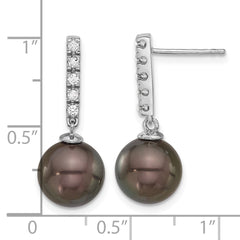 14K White Gold 9-10mm Round Black Tahitian Pearl .20ct Diamond Earrings