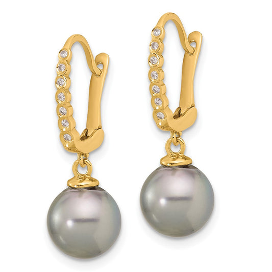 14K Yellow Gold 8-9mm Round Black Tahitian Pearl and .07ct Diamond Dangle Earrings