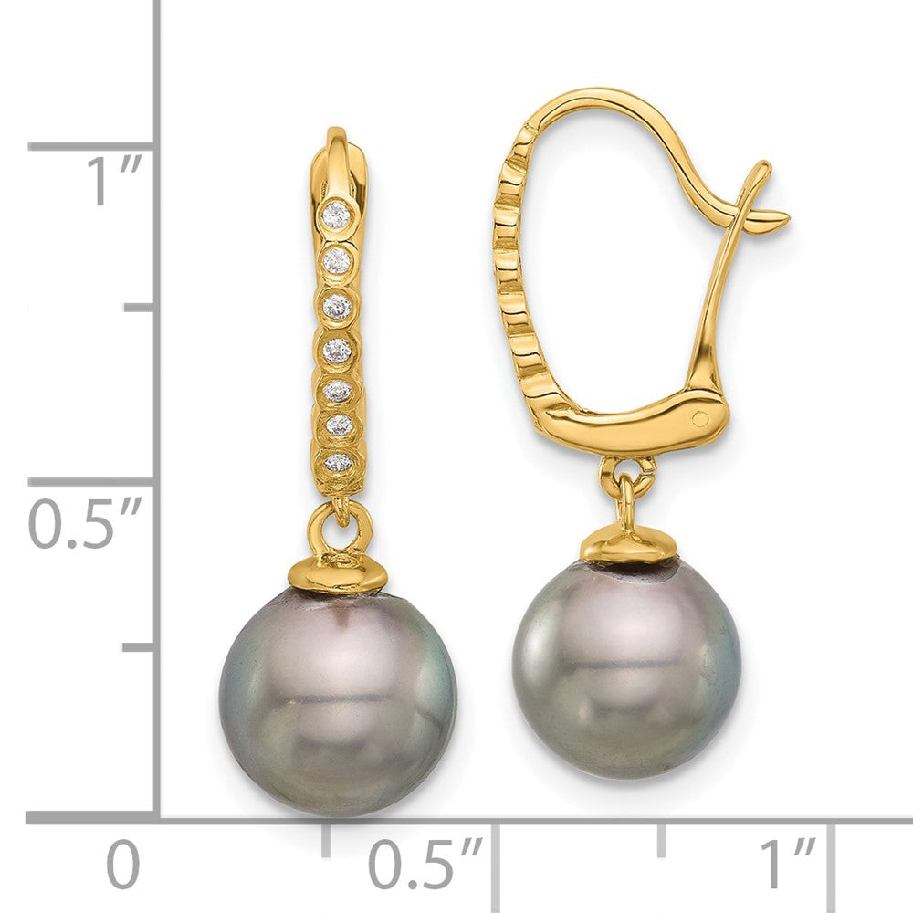 14K Yellow Gold 8-9mm Round Black Tahitian Pearl and .07ct Diamond Dangle Earrings