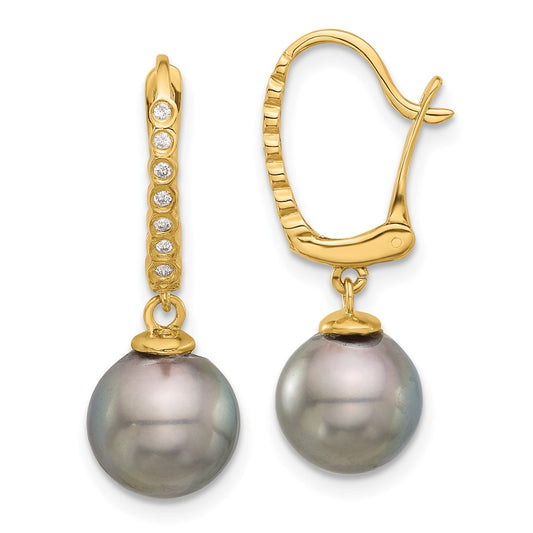 14K Yellow Gold 8-9mm Round Black Tahitian Pearl and .07ct Diamond Dangle Earrings