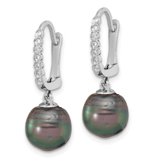 14K White Gold 9-10mm Round Black Tahitian Pearl and .07ct Diamond Earrings