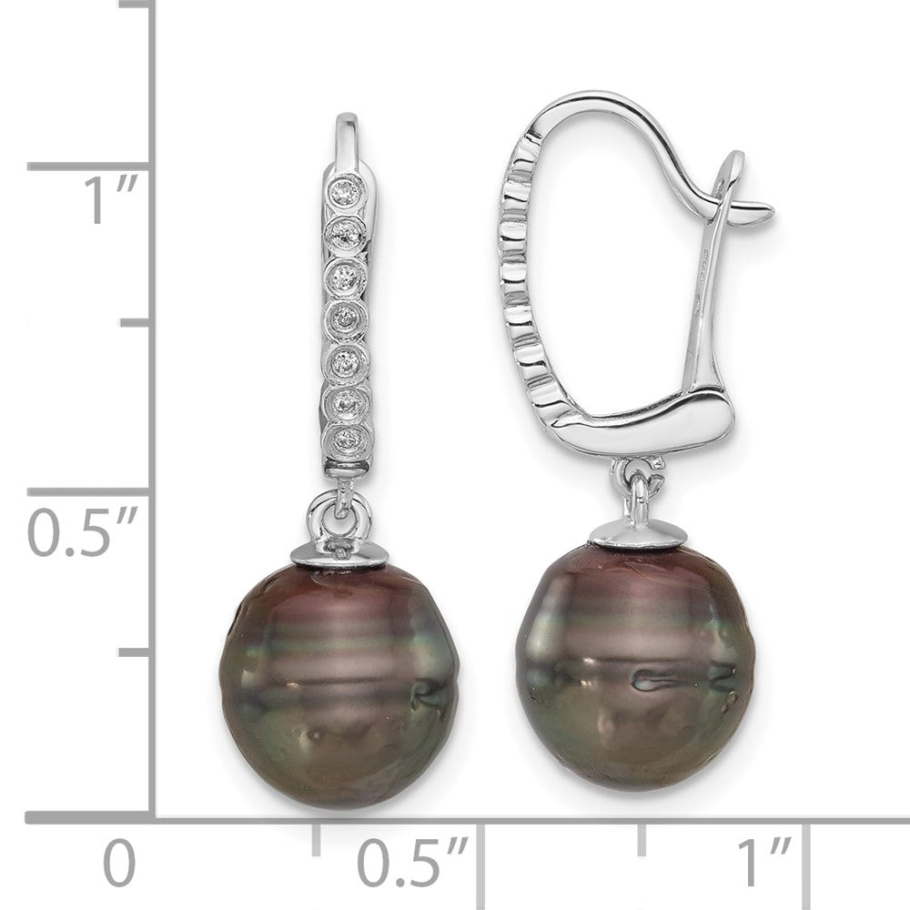 14K White Gold 9-10mm Round Black Tahitian Pearl and .07ct Diamond Earrings