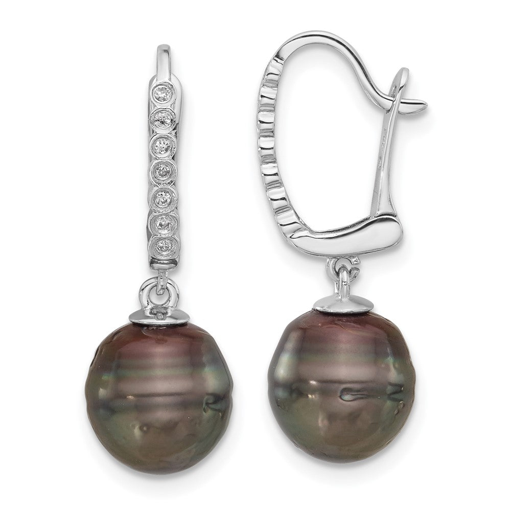 14K White Gold 9-10mm Round Black Tahitian Pearl and .07ct Diamond Earrings