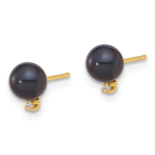 14K Yellow Gold 5-6mm Round Blk Saltwater Akoya Pearl and .02ct Diamond Earrings