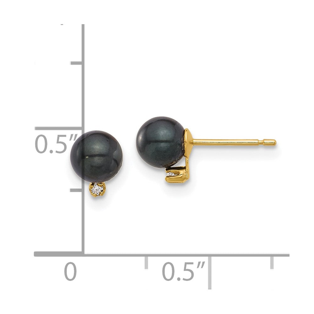 14K Yellow Gold 5-6mm Round Blk Saltwater Akoya Pearl and .02ct Diamond Earrings