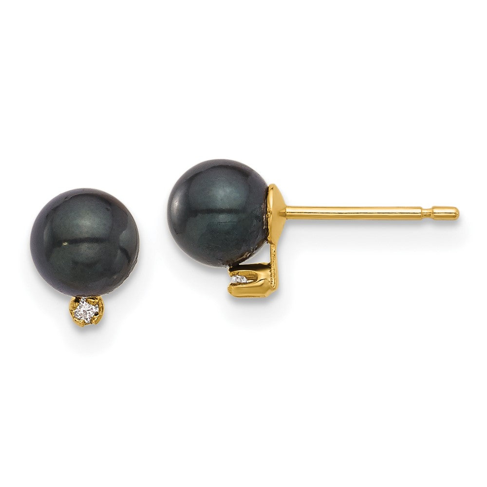 14K Yellow Gold 5-6mm Round Blk Saltwater Akoya Pearl and .02ct Diamond Earrings