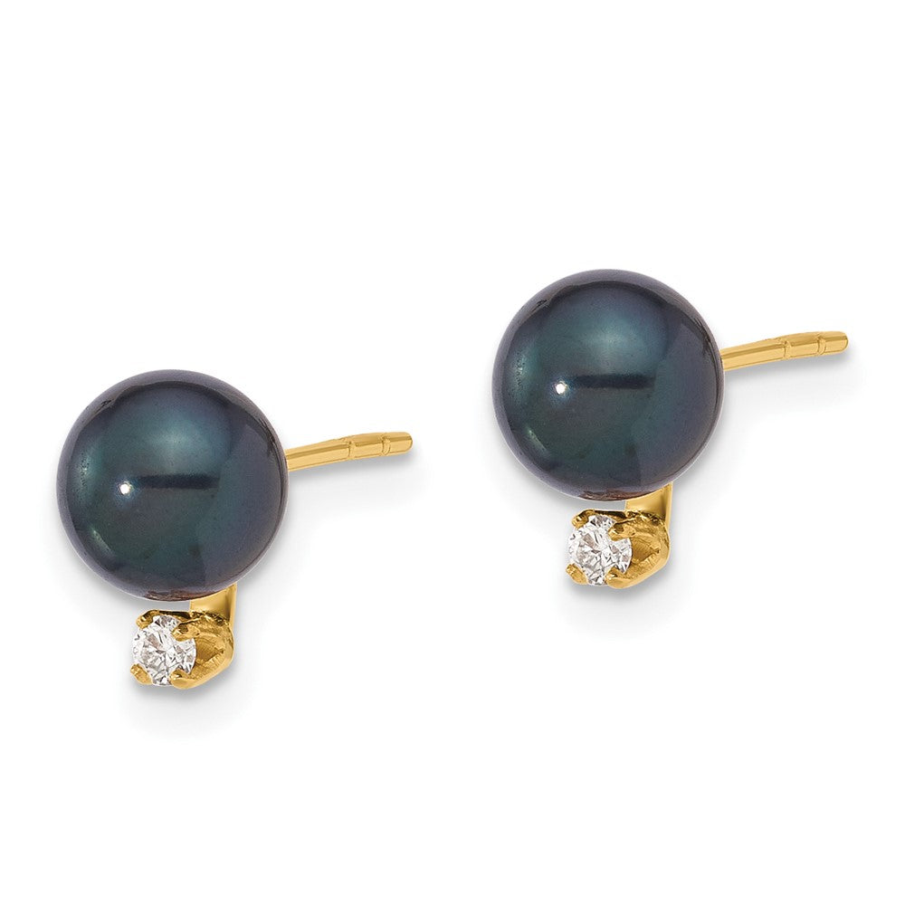 14K Yellow Gold 6-7mm Round Black Akoya Pearl and .06ct Diamond Post Earrings