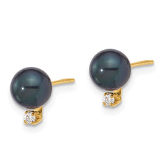 14K Yellow Gold 6-7mm Round Black Akoya Pearl and .06ct Diamond Post Earrings