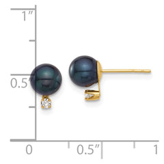 14K Yellow Gold 6-7mm Round Black Akoya Pearl and .06ct Diamond Post Earrings