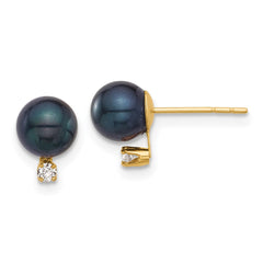 14K Yellow Gold 6-7mm Round Black Akoya Pearl and .06ct Diamond Post Earrings