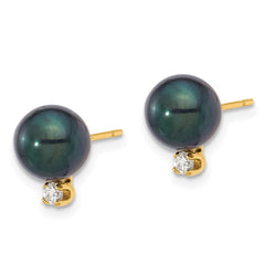 14K Yellow Gold 7-8mm Round Black Akoya Pearl and .10ct Diamond Post Earrings