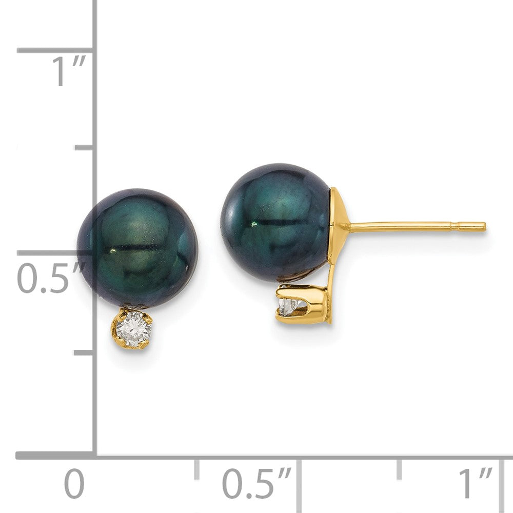 14K Yellow Gold 7-8mm Round Black Akoya Pearl and .10ct Diamond Post Earrings