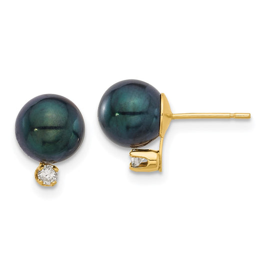 14K Yellow Gold 7-8mm Round Black Akoya Pearl and .10ct Diamond Post Earrings