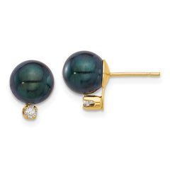 14K Yellow Gold 7-8mm Round Black Akoya Pearl and .10ct Diamond Post Earrings