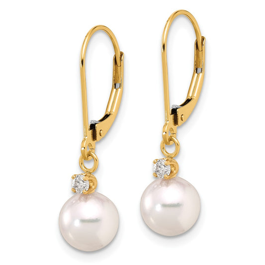 14K Yellow Gold 7-8mm Round White Akoya Pearl .10ct Diamond Dangle Leverback Earrings