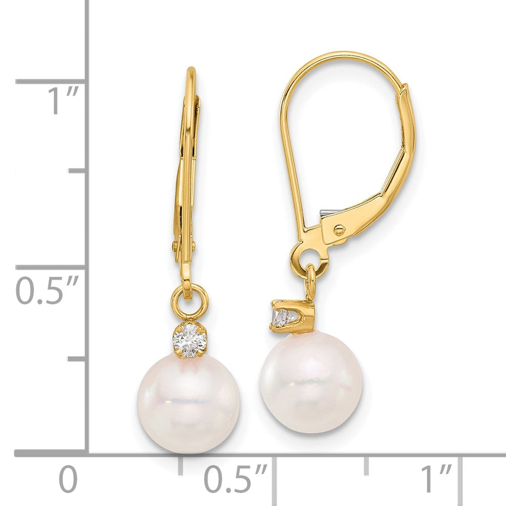 14K Yellow Gold 7-8mm Round White Akoya Pearl .10ct Diamond Dangle Leverback Earrings