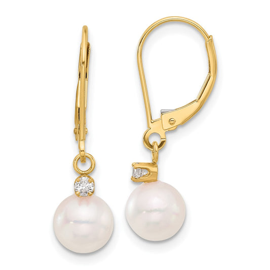 14K Yellow Gold 7-8mm Round White Akoya Pearl .10ct Diamond Dangle Leverback Earrings