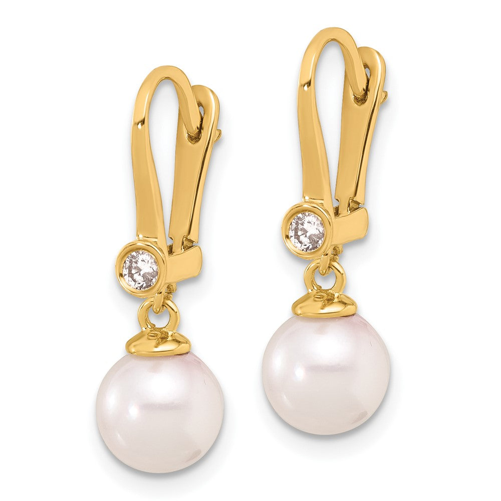 14K Yellow Gold 7-8mm Round White Akoya Pearl and .10ct Diamond Dangle Earrings