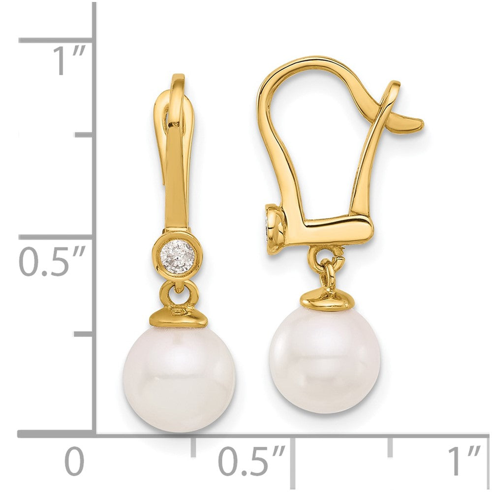 14K Yellow Gold 7-8mm Round White Akoya Pearl and .10ct Diamond Dangle Earrings