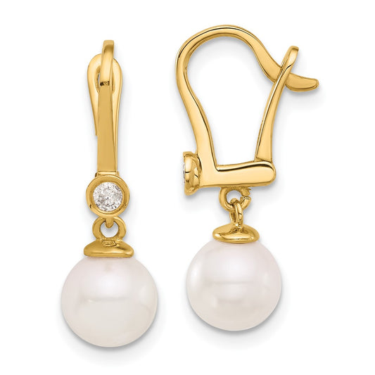 14K Yellow Gold 7-8mm Round White Akoya Pearl and .10ct Diamond Dangle Earrings