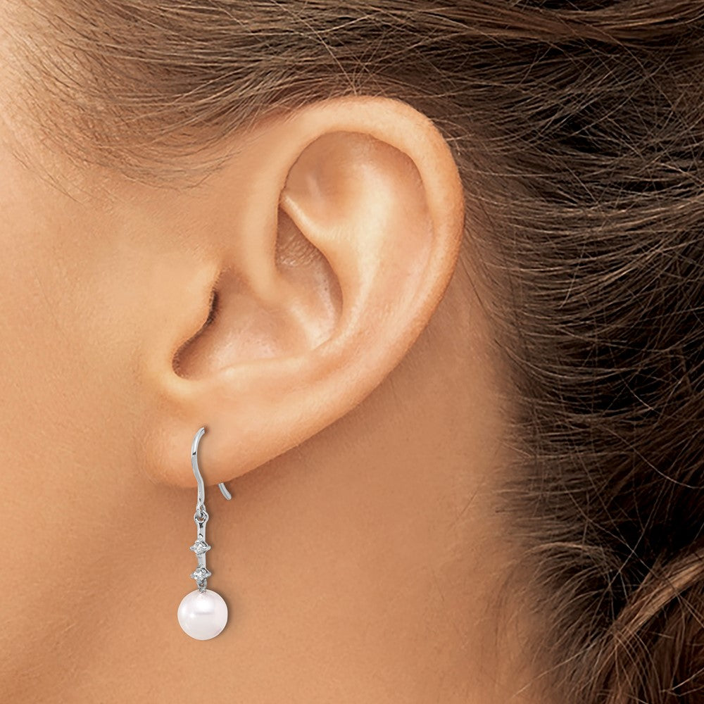 14K White Gold 7-8mm Wht Akoya Pearl .04ct Diamond Shepherd Hook Earrings