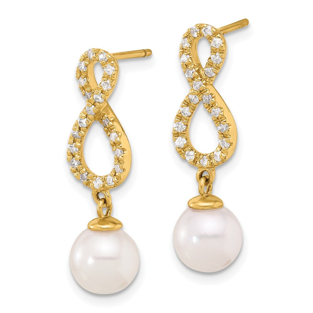 14K Yellow Gold 7-8mm Rnd Wht Akoya Pearl and .40ct Diamond Infinity Post Dangle Earrings