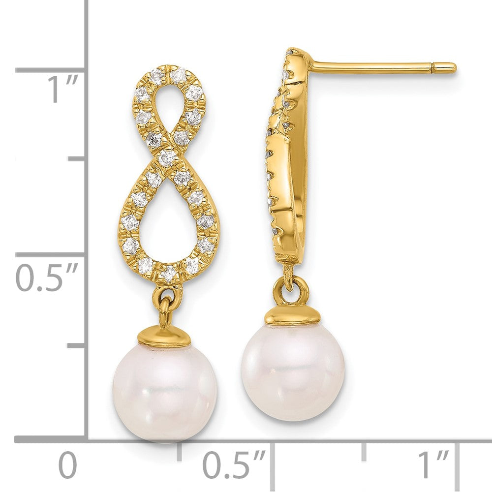 14K Yellow Gold 7-8mm Rnd Wht Akoya Pearl and .40ct Diamond Infinity Post Dangle Earrings