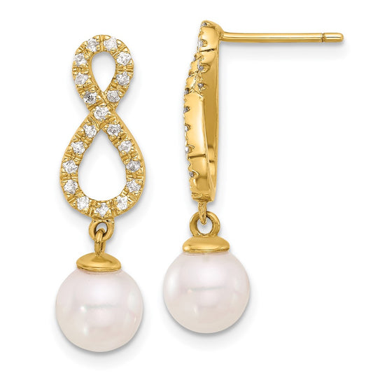 14K Yellow Gold 7-8mm Rnd Wht Akoya Pearl and .40ct Diamond Infinity Post Dangle Earrings