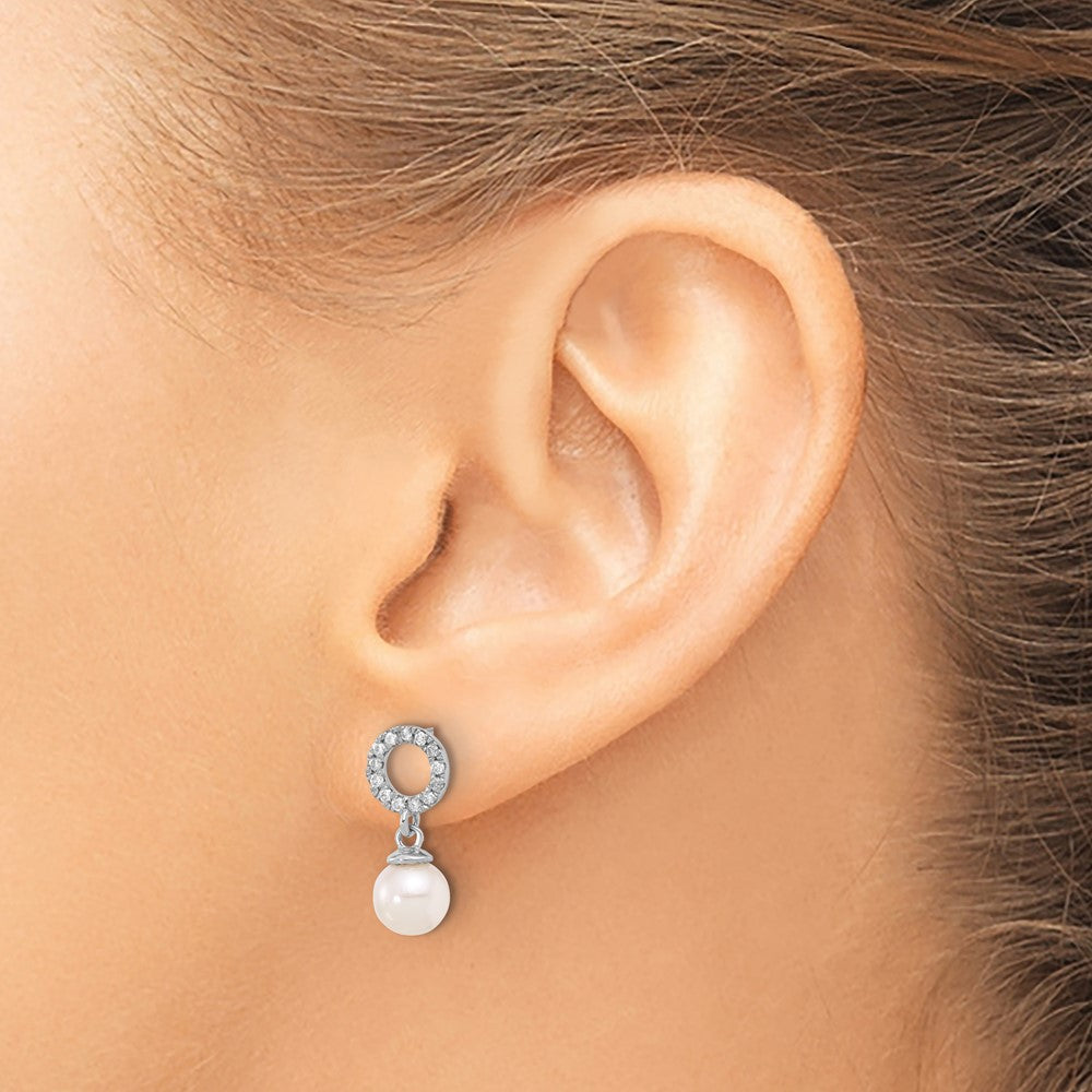 14K White Gold 6-7mm Rnd White Akoya Pearl and .20ct Diamond Dangle Earrings