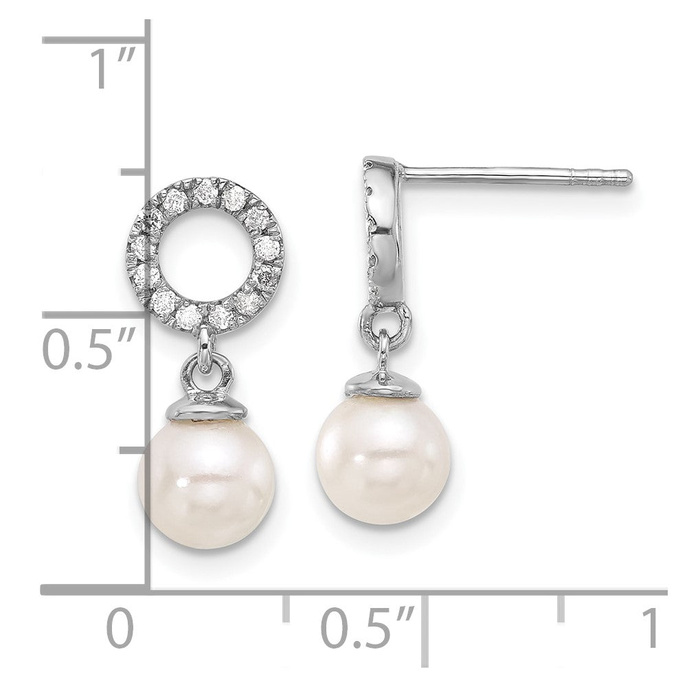 14K White Gold 6-7mm Rnd White Akoya Pearl and .20ct Diamond Dangle Earrings
