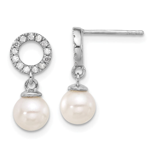 14K White Gold 6-7mm Rnd White Akoya Pearl and .20ct Diamond Dangle Earrings