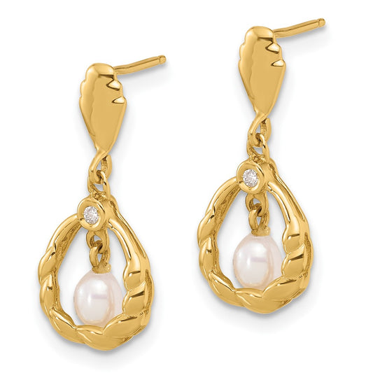 14K Yellow Gold 3-4mm Teardrop White FWC Pearl and .02ct Diamond Post Dangle Earrings