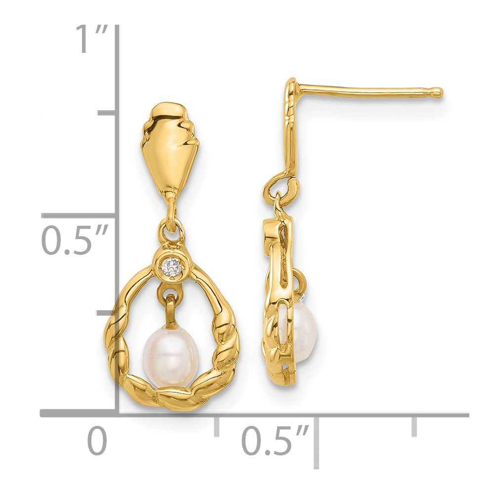 14K Yellow Gold 3-4mm Teardrop White FWC Pearl and .02ct Diamond Post Dangle Earrings