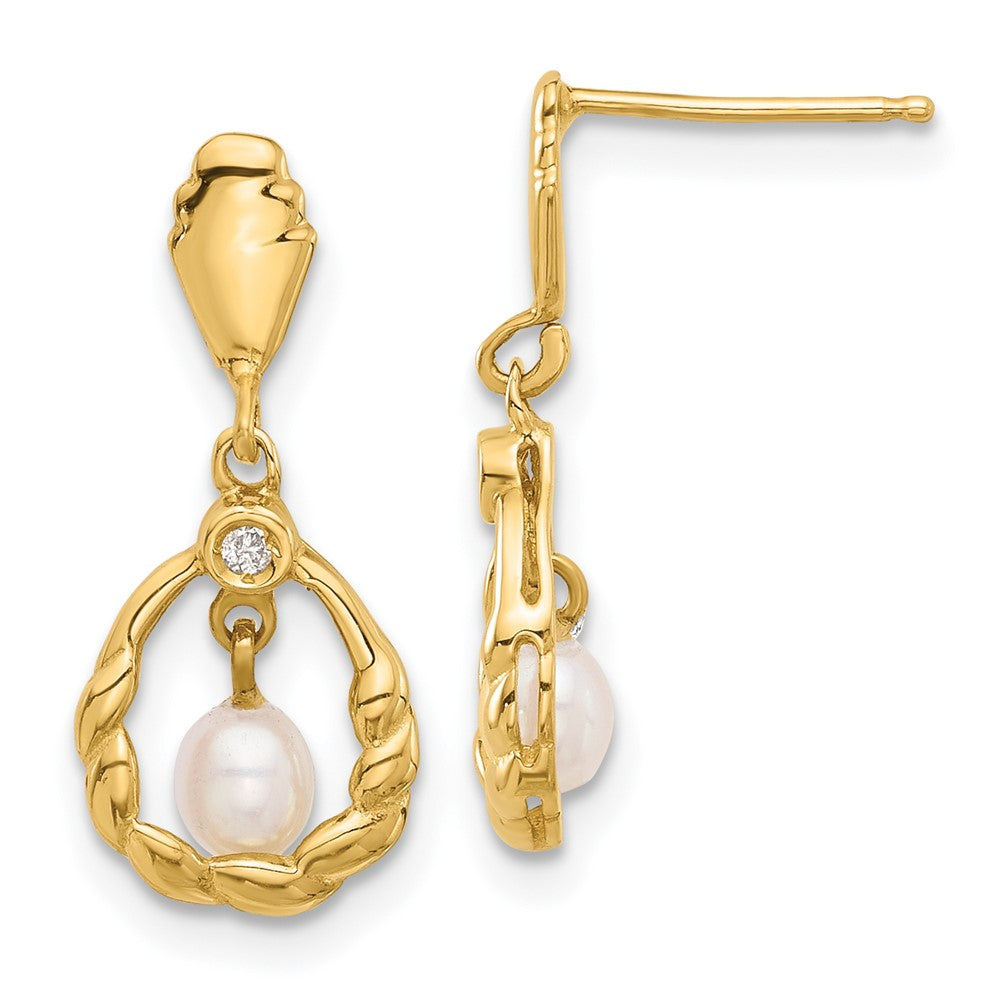 14K Yellow Gold 3-4mm Teardrop White FWC Pearl and .02ct Diamond Post Dangle Earrings