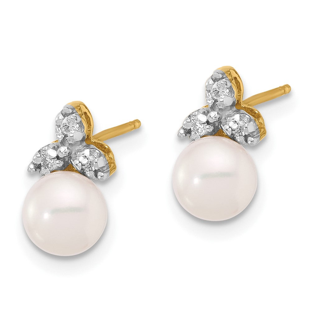 14K Yellow Gold 5-6mm Round White FWC Pearl and .06ct Diamond Post Earrings