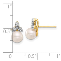 14K Yellow Gold 5-6mm Round White FWC Pearl and .06ct Diamond Post Earrings