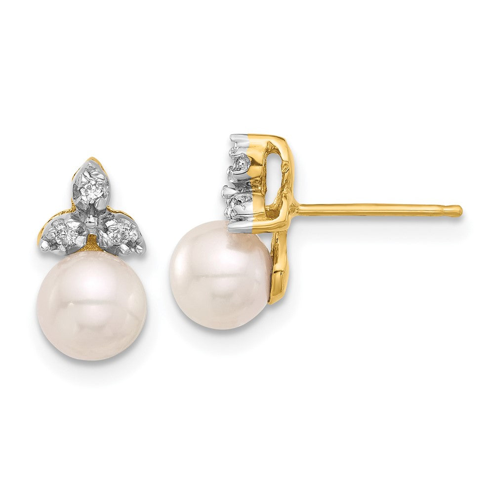 14K Yellow Gold 5-6mm Round White FWC Pearl and .06ct Diamond Post Earrings