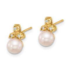 14K Yellow Gold 5-6mm Button FWC Pearl .06ct Diamond Post Earrings