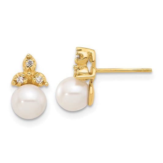 14K Yellow Gold 5-6mm Button FWC Pearl .06ct Diamond Post Earrings