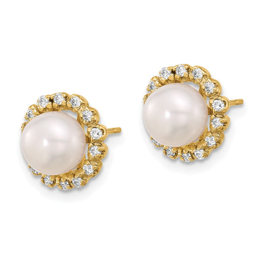 14K Yellow Gold 7-8mm Button FWC Pearl and .28ct Diamond Post Earrings