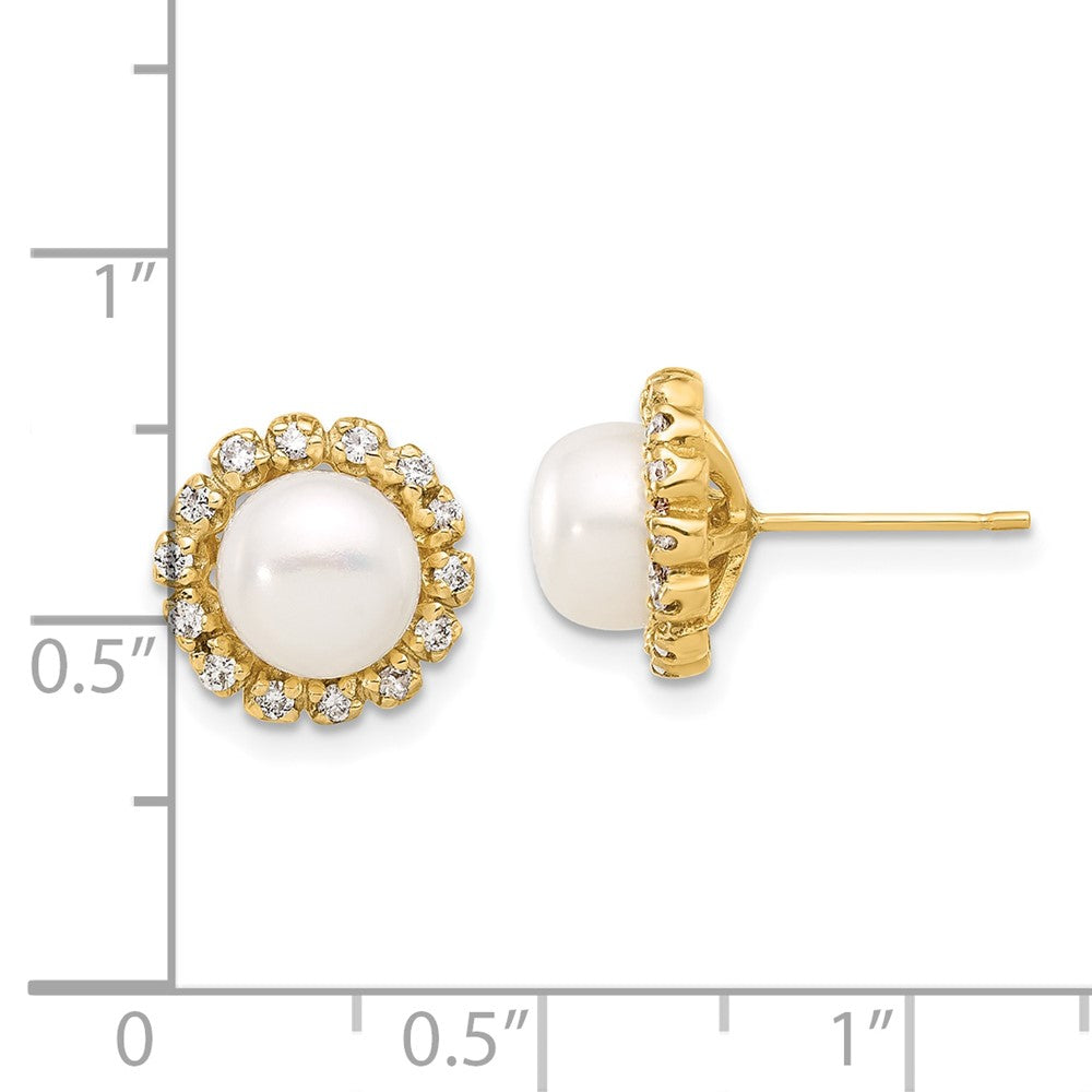 14K Yellow Gold 7-8mm Button FWC Pearl and .28ct Diamond Post Earrings