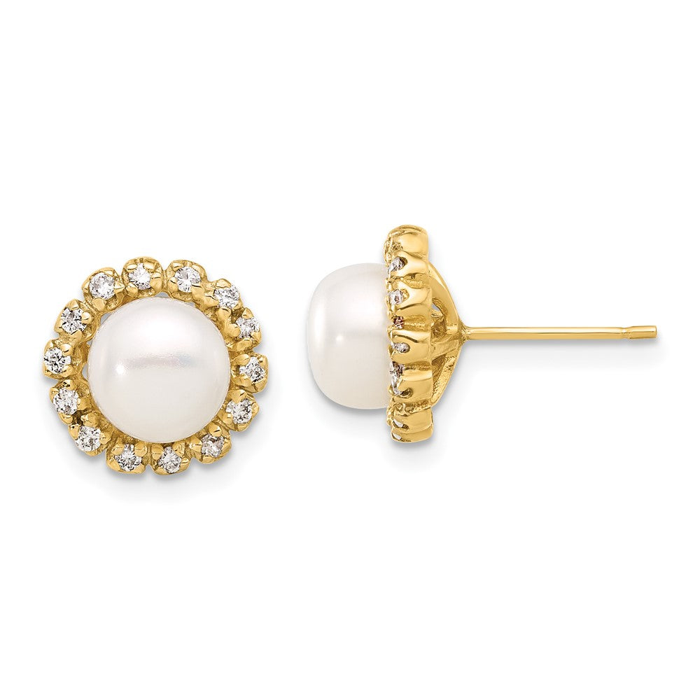 14K Yellow Gold 7-8mm Button FWC Pearl and .28ct Diamond Post Earrings